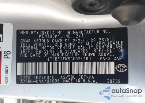 2012 Toyota Camry Le из США, поврежденный, VIN 4T1BF1FK5CU034160